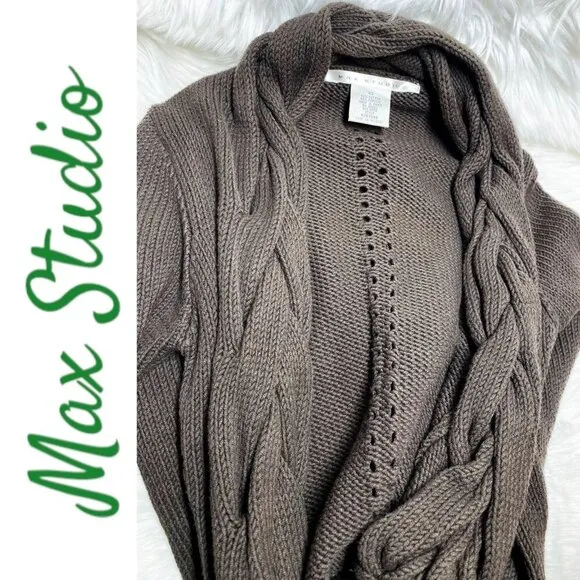 NWOT MAX STUDIO Open Cardigan Sweater Duster Chocolate Brown Shawl Collar, XS