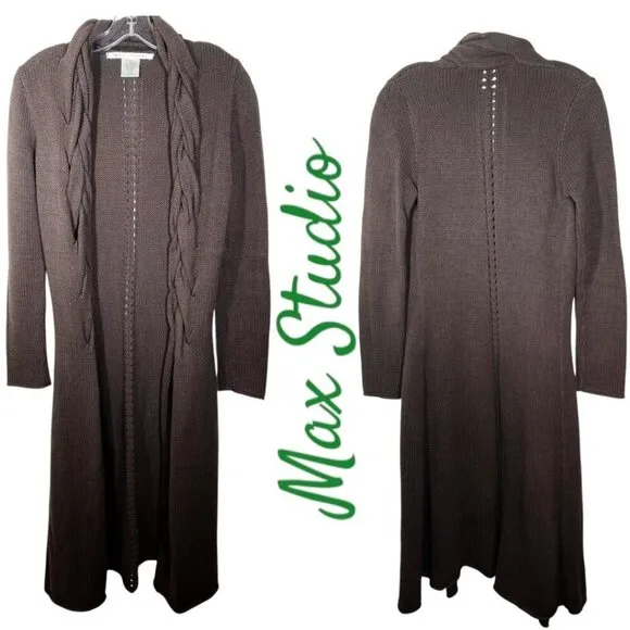 NWOT MAX STUDIO Open Cardigan Sweater Duster Chocolate Brown Shawl Collar, XS