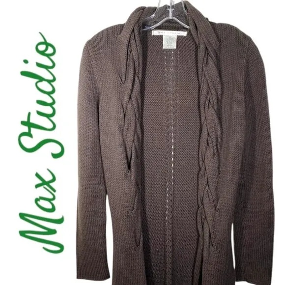 NWOT MAX STUDIO Open Cardigan Sweater Duster Chocolate Brown Shawl Collar, XS