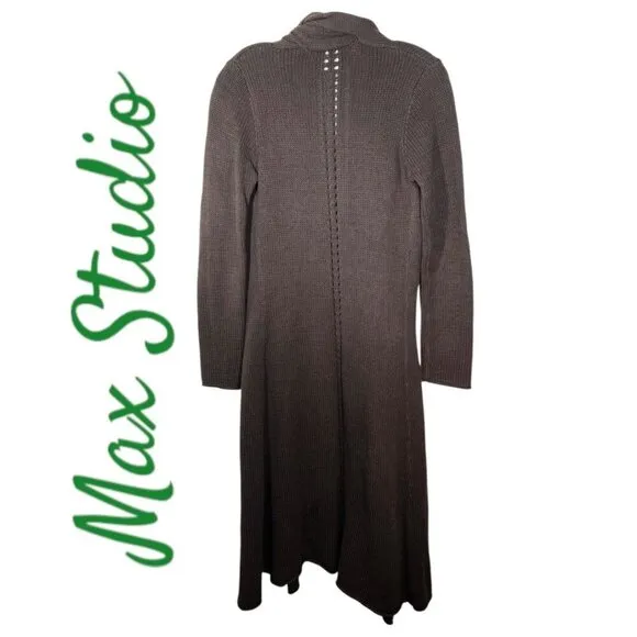 NWOT MAX STUDIO Open Cardigan Sweater Duster Chocolate Brown Shawl Collar, XS