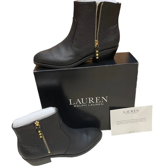 NWT IN BOX Lauren Ralph Lauren Leather Black Heeled Bootie Boots (size 9.5)