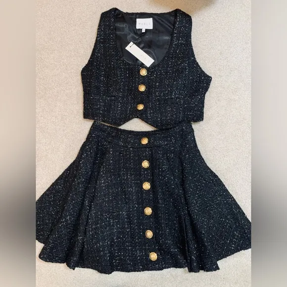 NWT Mable at Anthropologie 2 piece Vest Skirt Set Women Small Shimmer Black