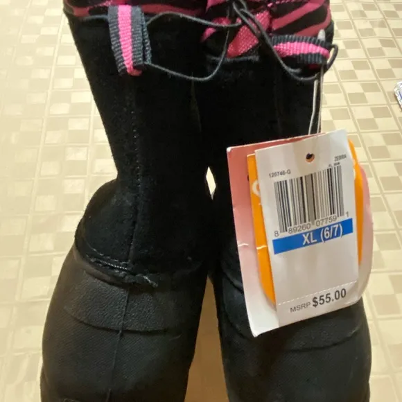 NWT Sporto Girls Snow Boots Pink Black Zebra Bungee Cord Round Toe 9” Hi XL 6-7