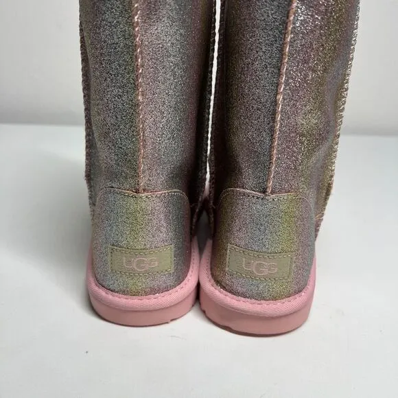 NWT UGG Pink Silver Sparkle Rainbow Kids Child Sheepskin Lined Mini Boots Size 5