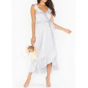NWT2 SHOW ME YOUR MUMU Samantha Ruffle Wrap Dress Silver Luxe Satin