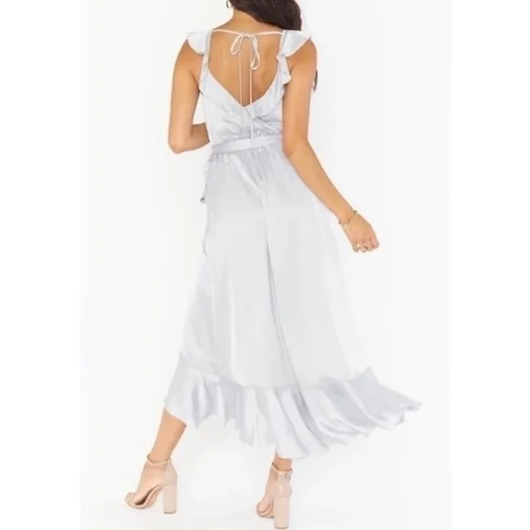 NWT2 SHOW ME YOUR MUMU Samantha Ruffle Wrap Dress Silver Luxe Satin