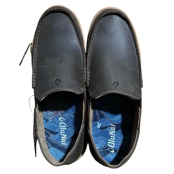 OLUKAI Kalia Men's 11.5 Brown Leather Slip-On, Full-Grain Waxed Nubuck Shoes