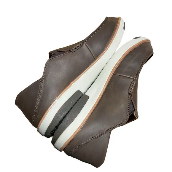 OLUKAI Kalia Men's 11.5 Brown Leather Slip-On, Full-Grain Waxed Nubuck Shoes