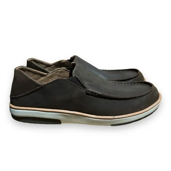 OLUKAI Kalia Men's 11.5 Brown Leather Slip-On, Full-Grain Waxed Nubuck Shoes