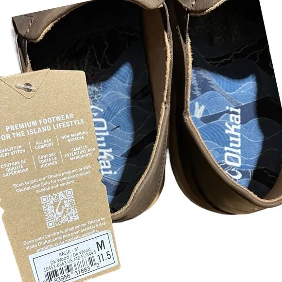 OLUKAI Kalia Men's 11.5 Brown Leather Slip-On, Full-Grain Waxed Nubuck Shoes