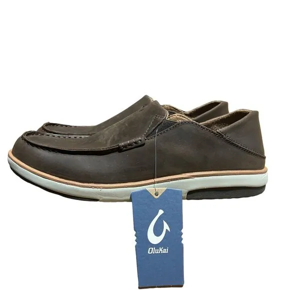 OLUKAI Kalia Men's 11.5 Brown Leather Slip-On, Full-Grain Waxed Nubuck Shoes
