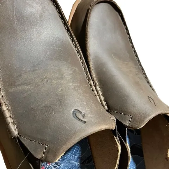 OLUKAI Kalia Men's 11.5 Brown Leather Slip-On, Full-Grain Waxed Nubuck Shoes