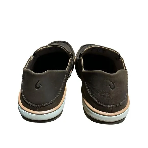 OLUKAI Kalia Men's 11.5 Brown Leather Slip-On, Full-Grain Waxed Nubuck Shoes