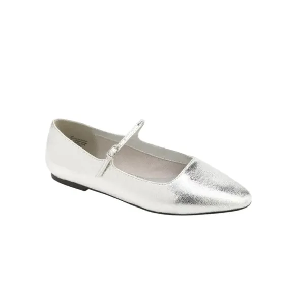 Open Edit Regina Mary Jane Pointed Toe Flat - Silver Metallic