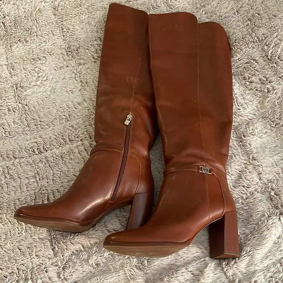 Over the knee 3.5” heeled boots brown cognac Antonio women’s Sz 9M ankle zipper