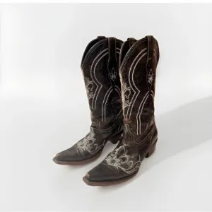 Pecos Bill Leather Cowgirl/cowboy Boots Sz 6 Women’s Distressed Drk Brown White