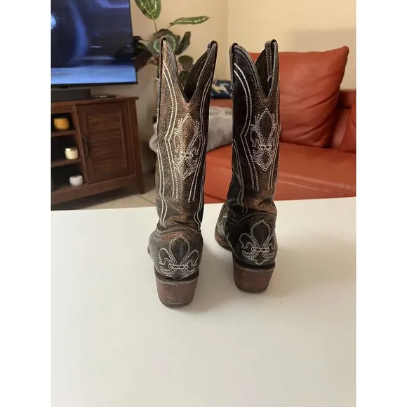 Pecos Bill Leather Cowgirl/cowboy Boots Sz 6 Women’s Distressed Drk Brown White