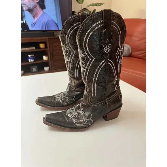 Pecos Bill Leather Cowgirl/cowboy Boots Sz 6 Women’s Distressed Drk Brown White