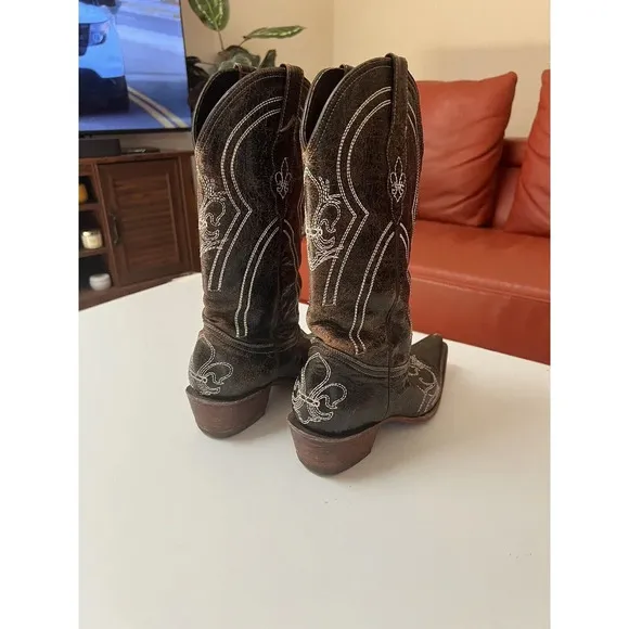 Pecos Bill Leather Cowgirl/cowboy Boots Sz 6 Women’s Distressed Drk Brown White