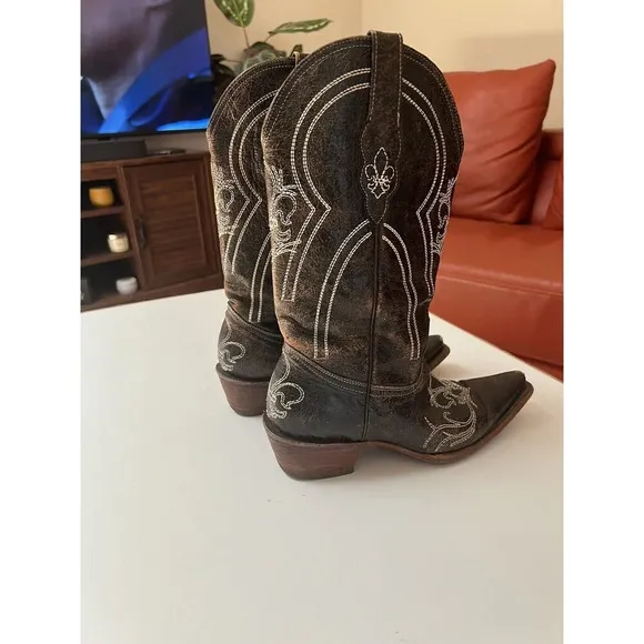 Pecos Bill Leather Cowgirl/cowboy Boots Sz 6 Women’s Distressed Drk Brown White