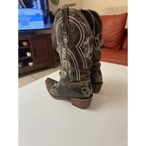 Pecos Bill Leather Cowgirl/cowboy Boots Sz 6 Women’s Distressed Drk Brown White