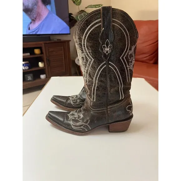 Pecos Bill Leather Cowgirl/cowboy Boots Sz 6 Women’s Distressed Drk Brown White