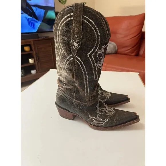 Pecos Bill Leather Cowgirl/cowboy Boots Sz 6 Women’s Distressed Drk Brown White