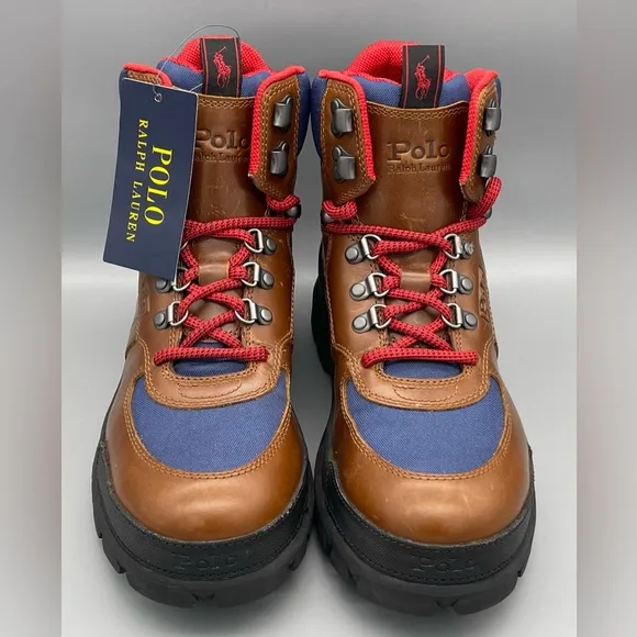 Polo Ralph Lauren Leather Oslo Tactical Boots Brown Blue Red Men’s Size 7.5 NEW