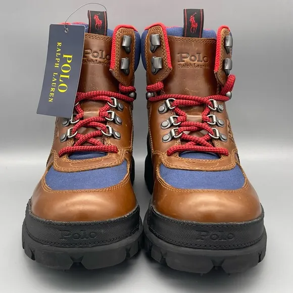 Polo Ralph Lauren Leather Oslo Tactical Boots Brown Blue Red Men’s Size 7.5 NEW
