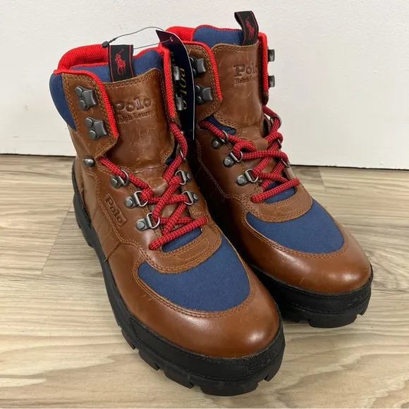 Polo Ralph Lauren Leather Oslo Tactical Boots Brown Blue Red Men’s Size 9.5 NWOB
