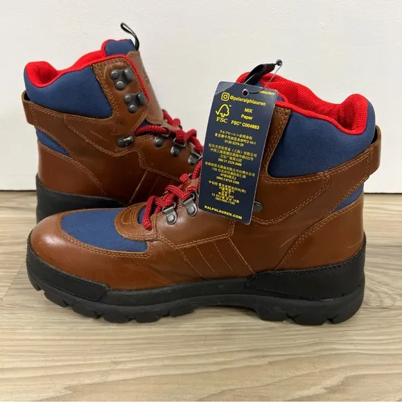 Polo Ralph Lauren Leather Oslo Tactical Boots Brown Blue Red Men’s Size 9.5 NWOB