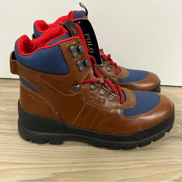 Polo Ralph Lauren Leather Oslo Tactical Boots Brown Blue Red Men’s Size 9.5 NWOB