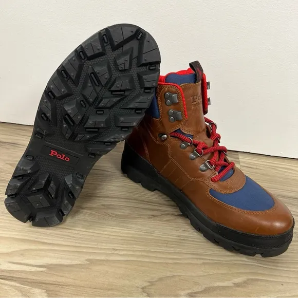 Polo Ralph Lauren Leather Oslo Tactical Boots Brown Blue Red Men’s Size 9.5 NWOB