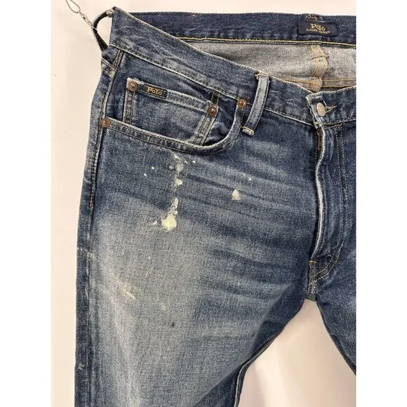 Polo Ralph Lauren The Sullivan Slim Distressed Paint Stained Blue Jeans 34x32