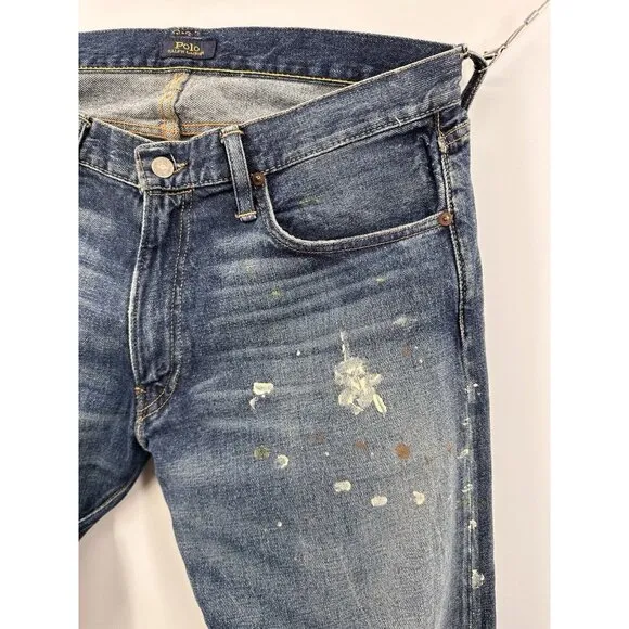 Polo Ralph Lauren The Sullivan Slim Distressed Paint Stained Blue Jeans 34x32