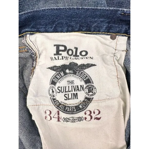 Polo Ralph Lauren The Sullivan Slim Distressed Paint Stained Blue Jeans 34x32