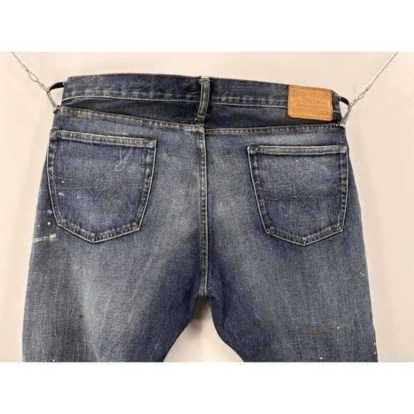 Polo Ralph Lauren The Sullivan Slim Distressed Paint Stained Blue Jeans 34x32