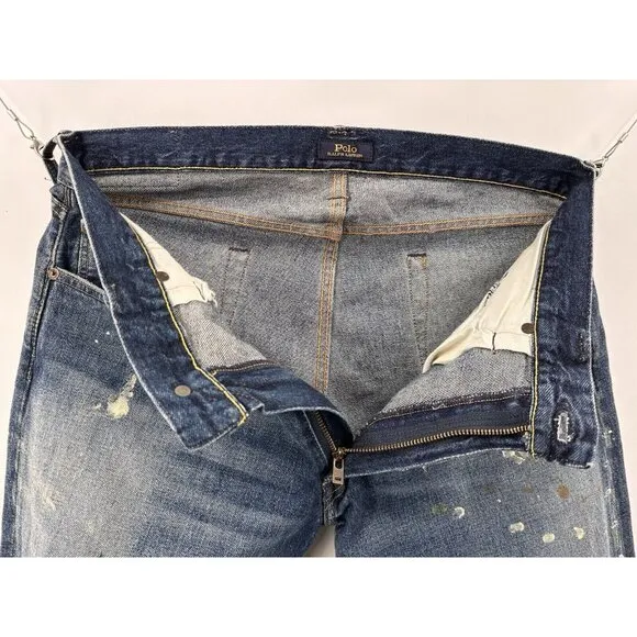 Polo Ralph Lauren The Sullivan Slim Distressed Paint Stained Blue Jeans 34x32