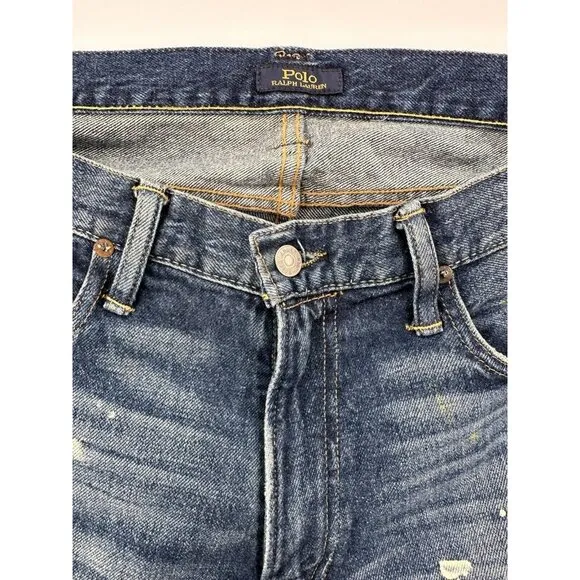 Polo Ralph Lauren The Sullivan Slim Distressed Paint Stained Blue Jeans 34x32