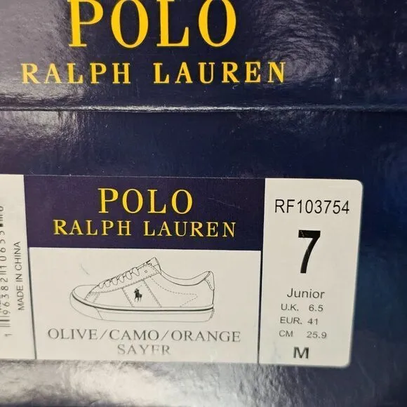 Polo Ralph Lauren Boy's Sayer Olive/Camo/Orange Logo Embroidered Sneakers Size 7