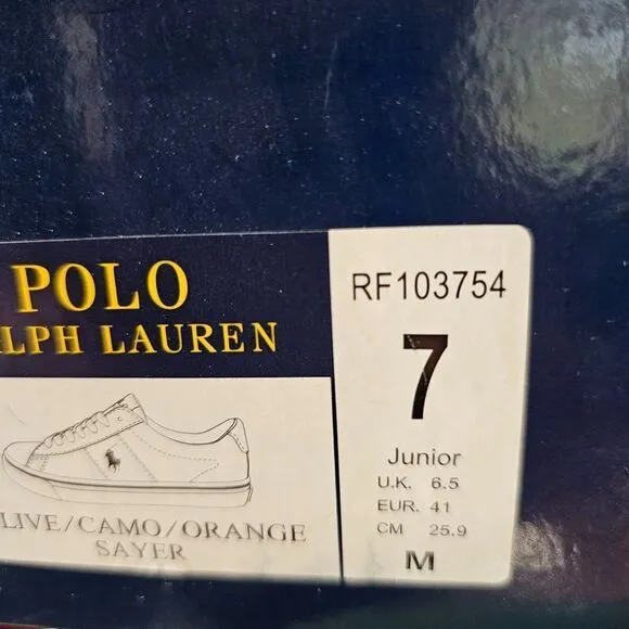 Polo Ralph Lauren Boy's Sayer Olive/Camo/Orange Logo Embroidered Sneakers Size 7