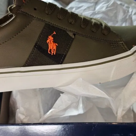 Polo Ralph Lauren Boy's Sayer Olive/Camo/Orange Logo Embroidered Sneakers Size 7