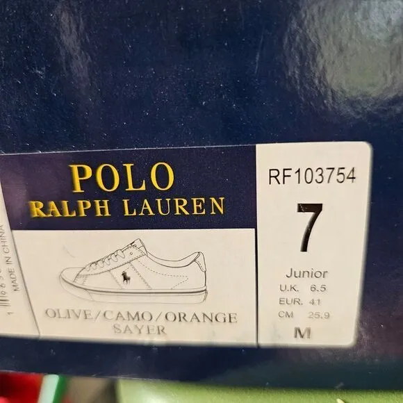 Polo Ralph Lauren Boy's Sayer Olive/Camo/Orange Logo Embroidered Sneakers Size 7