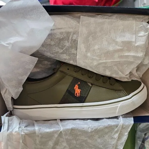 Polo Ralph Lauren Boy's Sayer Olive/Camo/Orange Logo Embroidered Sneakers Size 7