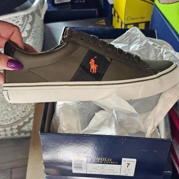 Polo Ralph Lauren Boy's Sayer Olive/Camo/Orange Logo Embroidered Sneakers Size 7