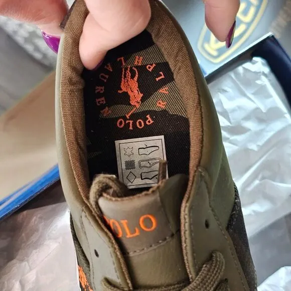 Polo Ralph Lauren Boy's Sayer Olive/Camo/Orange Logo Embroidered Sneakers Size 7