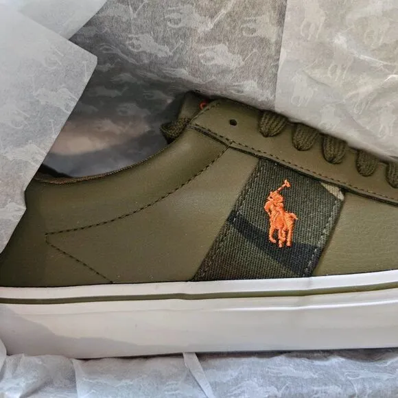 Polo Ralph Lauren Boy's Sayer Olive/Camo/Orange Logo Embroidered Sneakers Size 7