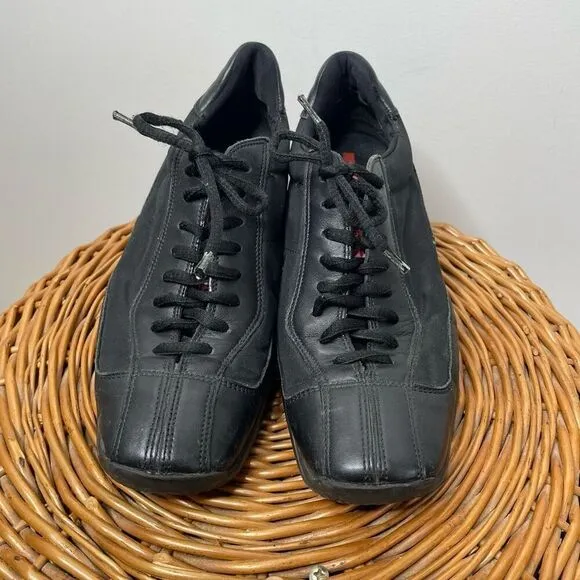 Prada Shoes Black Metal Sneakers Suede Leather Rare Women's Shoes Size 7 Us 37