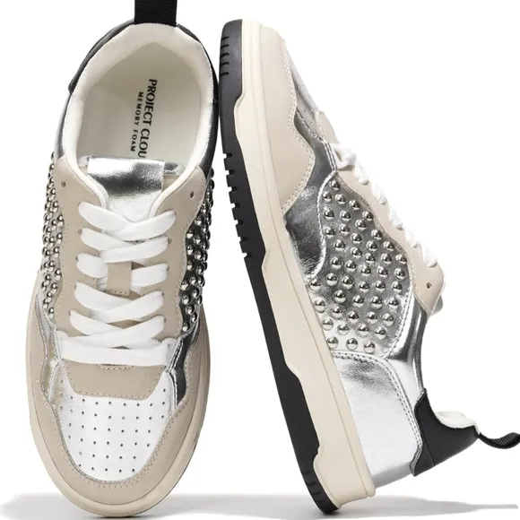 Project Cloud Silver and Black leather Women's Sneakers Size 6 And 6.5