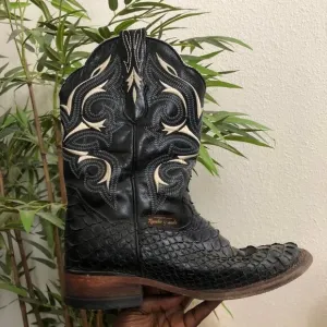 Rancho Grande Python Exotic Black leather cowboy western boots white square toe